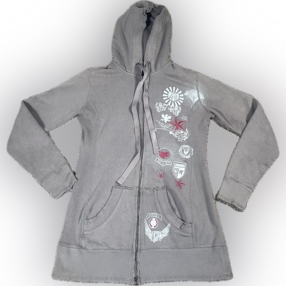 Fox brand vintage zipper hoody- gray color with pink embroidered detail.. size M